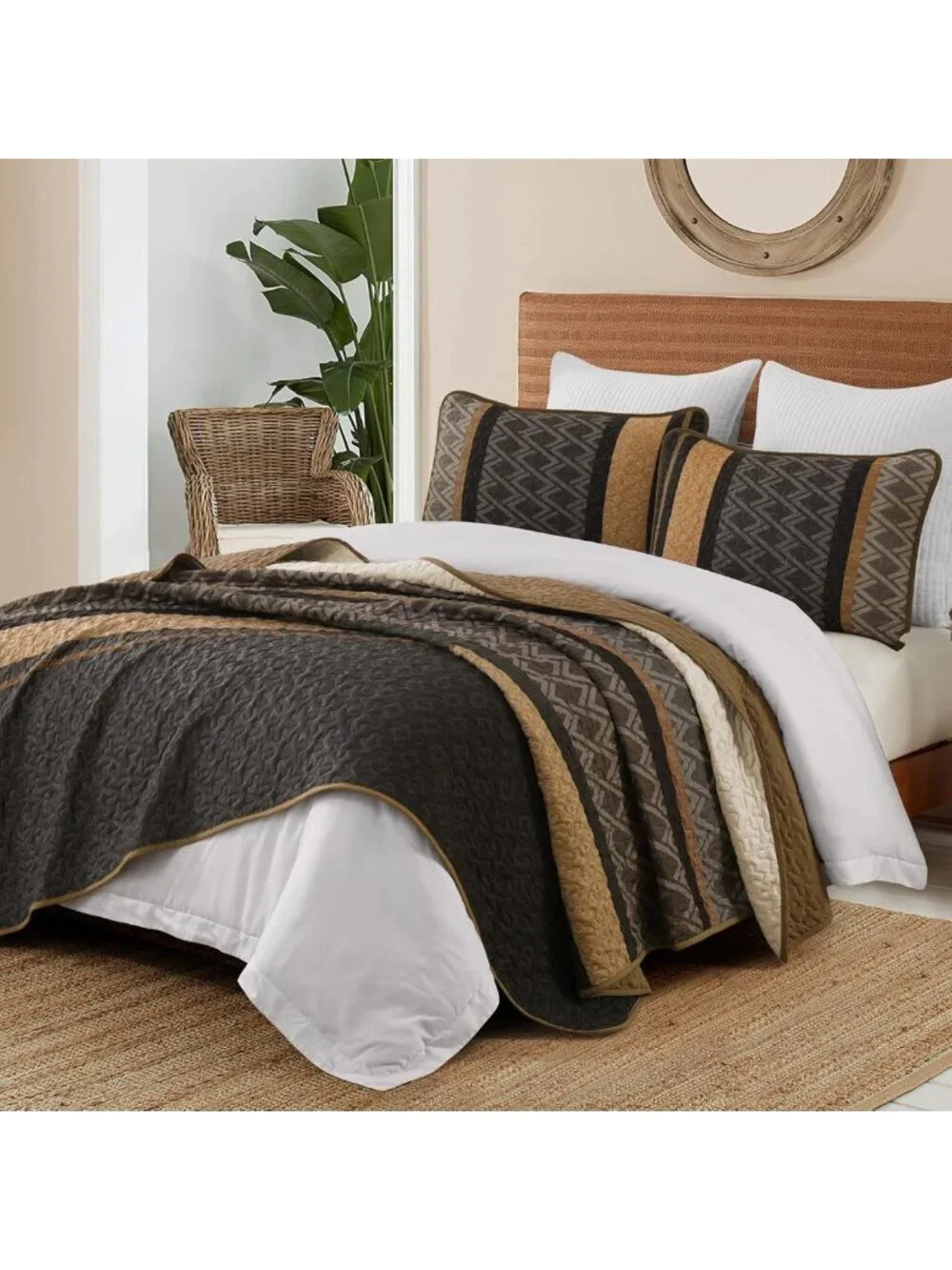 Boho King Size Quilt Set - Soft 3-Piece Striped Bedding, Lightweight Fall